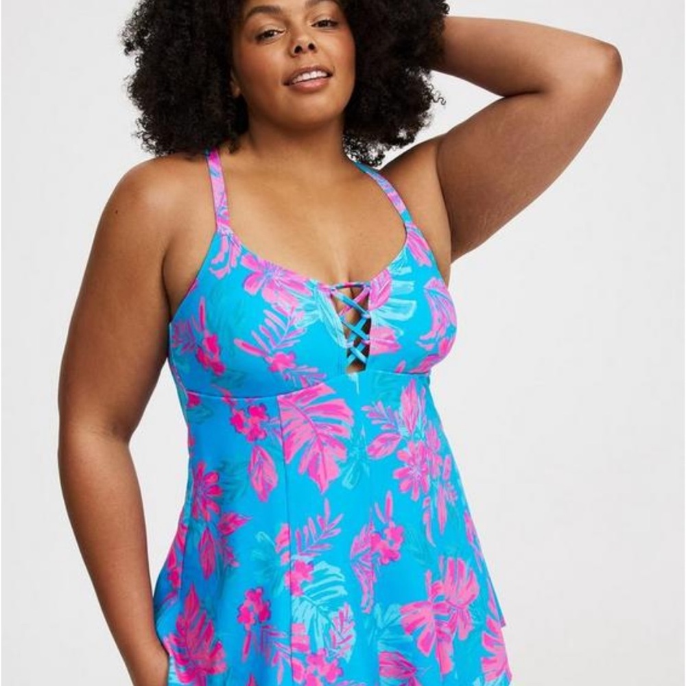 1x Torrid Blue and Pink Floral One Piece Swimsuit tropical geo blue sea